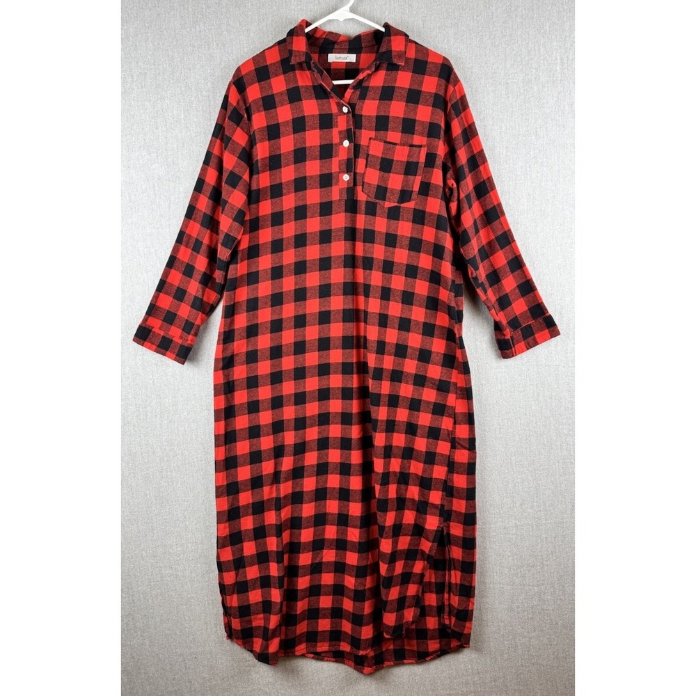 Latuza Buffalo Plaid‎ Flannel Nightgown Dress Red Black Cotton Medium - Picture 2 of 14